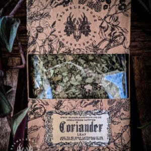 Other names: C. sativum Coriander Leaf is a favourite herb to help with dispelling evil spirits. It’s a common herb for exorcism and curing the possessed. It settles the spirits and also is used as a magical preserver. If you want part of a spell to last longer than the rest, work with coriander leaf on it. Magical Affiliations: Dispels evil spirits, Cures the Possessed, Protection, Sensuality, Aphrodisiac, Spirit flight, Preserves, Quells Madness, Settles the spirit, St. Anthony, Helps post- spirit flight reintegration madness, supportive for soul splits, exorcism. For general information on how to use herbs… check out our ‘how to use herbs magically page’ Coriander is a perfect herb for protecting the body and soul on spirit flight. It stops spirits from attaching themselves to your own during flight, and makes sure that the soul integrates properly when returning to the body. It helps to cure spirit flight madness- often caused by bits of the soul fracturing while on flight, or when one haphazardly crashes back into their body. You get 5 tbsp of the herb per box! For this herb, that works out to approximately 10g. More information below…. Our herbs are high quality, organic grade herbs from reputable eco-friendly herbal stockists. This packaging is eco-friendly and entirely recyclable!