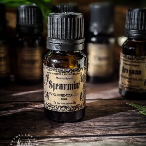 Latin Name : Mentha Spicata Plant Part Used : Flowering Tops Magical Affiliations: Cleansing, Protecting, Purifying, Healing, Rapid Growth, Offering, Gentleness, Obstacle Clearing, Strength, Calming, Warding, Mary, Essential Oils in alchemy and magic were often seen to be the fiery, emotional, desireful soul of the plant. The different parts of the plant are attuned to different elements and their place in the universal cosmology, which is why things such as floral waters, dried plants and ashes are often also used depending on their magical properties. This belief is seen within Hermeticism, Spagyrics, Alchemy and Folk Magic. Essential oils are extracted from various plant parts like flowers, leaves, stems, roots, seeds, bark, resin or fruit rinds. Each plant contains only a tiny percentage of essential oil, so several kilograms of the plant are harvested to extract a few millilitres of oil. Therefore, these oils are highly concentrated and usually dispensed in drops, or mixed with a base oil for massages.