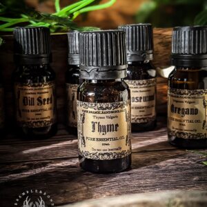 Latin Name : Thymus Vulgaris Part of Plant Used : Leaves & Flowering Tops Magical Affiliations: Protection, Consecration, Courage, Glamour, Sweetening, Bravery, Rites of Passage, Death, Funerals, Strength, Banishes Melancholy, Cleansing Essential Oils in alchemy and magic were often seen to be the fiery, emotional, desireful soul of the plant. The different parts of the plant are attuned to different elements and their place in the universal cosmology, which is why things such as floral waters, dried plants and ashes are often also used depending on their magical properties. This belief is seen within Hermeticism, Spagyrics, Alchemy and Folk Magic. Essential oils are extracted from various plant parts like flowers, leaves, stems, roots, seeds, bark, resin or fruit rinds. Each plant contains only a tiny percentage of essential oil, so several kilograms of the plant are harvested to extract a few millilitres of oil. Therefore, these oils are highly concentrated and usually dispensed in drops, or mixed with a base oil for massages.