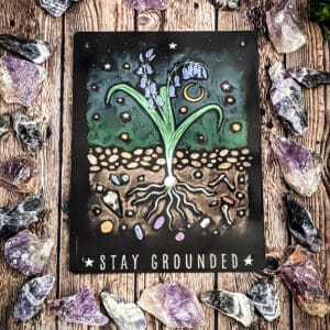 Need a reminder to stay grounded? This beautiful Small tin sign could be your prompt! This art tin sign features bluebells and crystals, beautiful things growing from deep within the ground. Take a breath and stay connected- grounding is a major principle of many paths of spirituality. With a stunning art style, it’s just what’s needed to add a little magical aesthetic to your space.