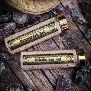 This Botanical Bath Salt Blend is crafted to improve divination abilities. This bath salt blend is here to enhance any divination skills you already possess, and to bring to the surface ones yet not come to fruition. It also has a basic underlying protective and cleansing magic to make sure that nothing negative sticks after performing divination. Combining Himalayan Bath Salts with Rosemary, Olive and Clary Sage, this combination is crafted to give spark to your divination practice! The main plant spirits working the divination magic are clary sage and olive. Clary Sage is a type of sage that works especially well with divination and psychic understanding. Olive has been used in various trance types of divination since ancient times, both as leaves and as oil. The Rosemary works within the blend to form a protective shield around the practitioner while they engage in divination, and also cleanses the practitioner before engaging in the work so that negative spirits can’t get a foothold. Salt is an excellent amplifier, bringing together the botanicals and oils to finish off the blend! Luxurious and soft on the skin- if you need magic combined with a good soak, our Botanical Bath Salts won’t steer you wrong! Made with real botanicals, Himalayan Salts with 84 natural minerals, infused with 100% essential oils and base oils. How to Use To use this bath salt, simply sprinkle some in your hot bath and soak up all of the oils and let the plant spirits work on you and with you. For a more immersive spiritual experience, meditate while sitting in the water, and connect in with the plant spirits- tell them what you wish to work on so that you can work together. Our Bath Salts are our skin friendly version of our salts range. Some of our witchcraft salts contain things that are probably best not put in the bath- but these bath salts are crafted for the same purposes are our coloured salts, but made with just skin safe ingredients. These bath salts are ensouled and blessed within ritual. Lastly, to see how people use these in action, visit our Instagram Page. If you want to learn more about our products, go to our ‘Learn More’ Page. Full ingredients in image. These Bath Salts come in a 100ml clear glass tube with a metal cap. 100g minimum- enough for two to three baths.