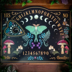 Dark Forest spirit board displayed on weathered wood decking surrounded by trailing ivy and purple amethyst. The black board features golden letters arcing beneath moon phases, with a pale green luna moth at centre flanked by curling ferns and purple flowers. Red-capped amanita toadstools and beige mushroom clusters line the bottom edge near Hello and Goodbye. The matching planchette rests at left showing botanical details and a bee.